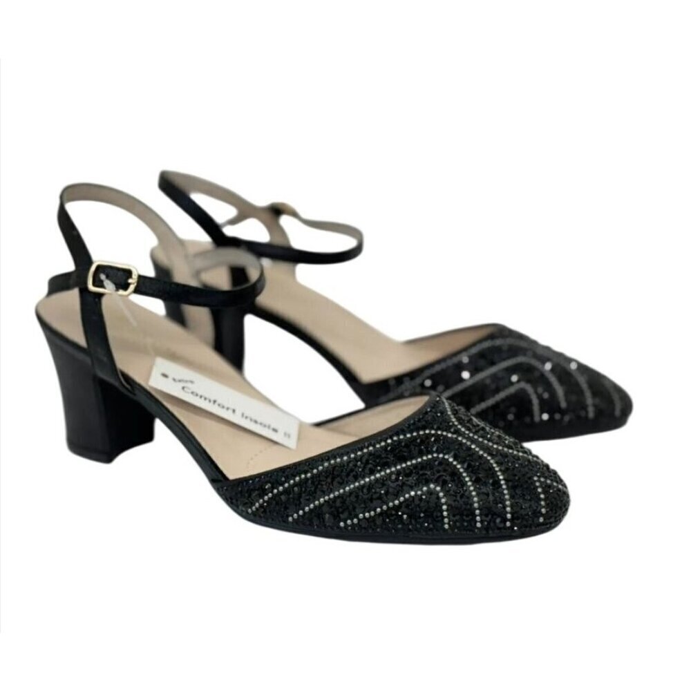 DE BLOSSOM / Gloria-10 / Womens Black Rhinestone Heeled Ankle Strap Sandals / Me